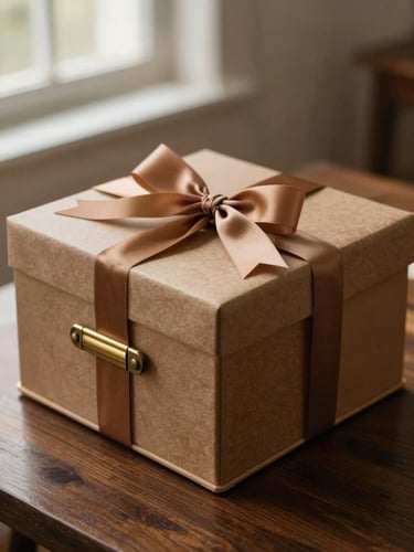Close-up of a premium corporate gifting hamper with brass accents and silk ribbons, set on a dark wood table under soft side-lighting, shallow depth of field, warm editorial photography