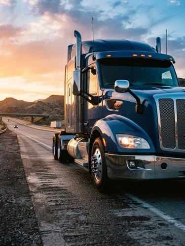Low-angle heroic shot of a modern clean semi-truck cab parked under dramatic early morning highway light, sharp focus, 35mm lens.