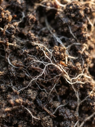Extreme close-up of dark, rich organic soil with fine white plant root structures weaving through, soft morning light, shallow depth of field, macro agricultural photography