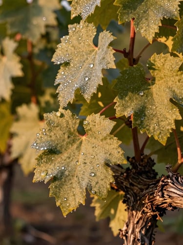 Healthy grapevines in morning light, macro shot of dew-covered leaves and thick textured vine bark, warm editorial agricultural photography, soft focus background