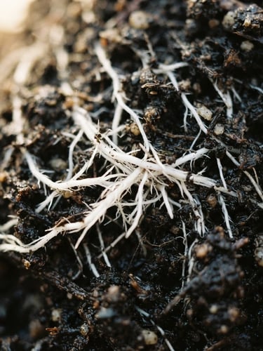 Extreme close-up of healthy white root structures weaving through rich dark organic soil, soft morning sunlight, shallow depth of field, 35mm