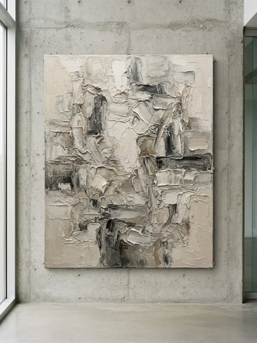 Straight-on medium format photograph of a large-scale contemporary abstract painting with heavy impasto texture, hanging on a raw concrete wall in a minimalist, sunlit architectural room.