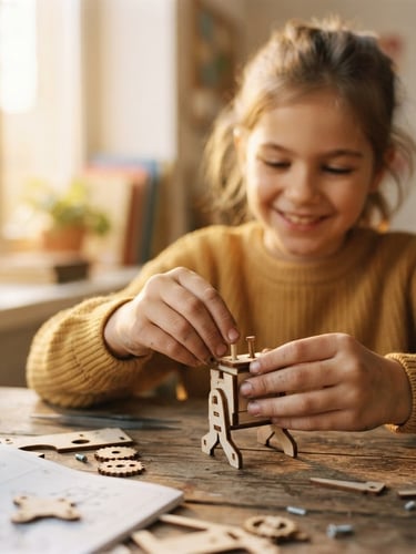 Candid close-up of a young student's hands assembling a small wooden robot kit, warm golden window light, soft focus on smiling face in the background, 35mm