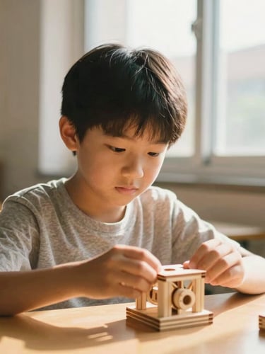 A close-up shot of a young student focused on building a wooden STEM model in a sunlit classroom, warm window light, 35mm