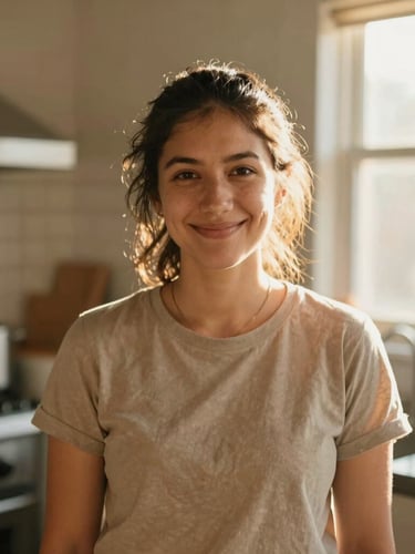 A warm candid portrait of a female community organizer smiling gently in a sunlit community kitchen, soft golden hour daylight, shallow depth of field, 35mm.