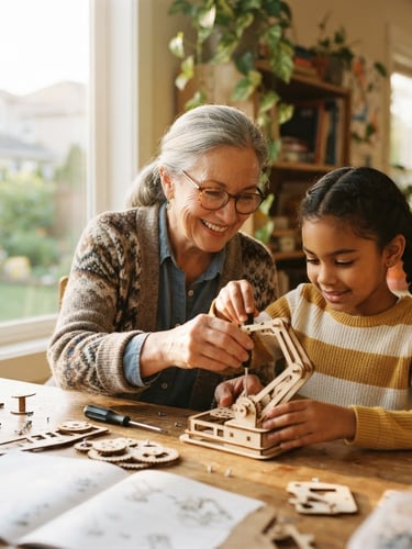 Warm candid photograph of an older mentor smiling and helping a young student assemble a wooden STEM kit by a sunny window, 35mm, shallow depth of field