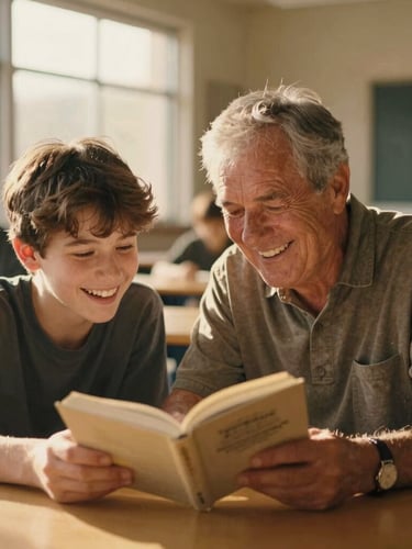 An older mentor and a teenager laughing together over a shared book at a local community center, golden-hour light, candid, 35mm