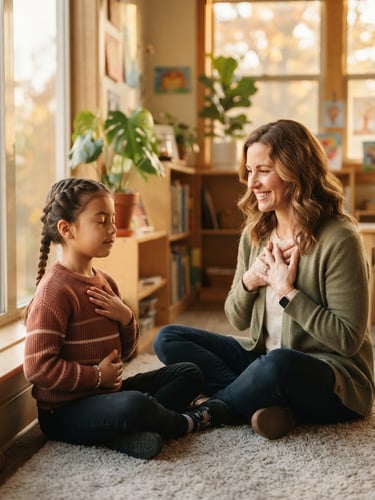 Candid medium shot of a young student practicing deep breathing with a mentor in a sunlit classroom, warm golden-hour window light, soft optimistic earth tones, shallow depth of field, 35mm