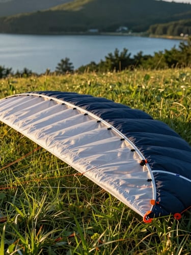 Close-up of premium technical outdoor gear, clean lines of a paraglider wing laid out on emerald green grass, warm golden hour sunlight, focus on high-quality stitching and materials.