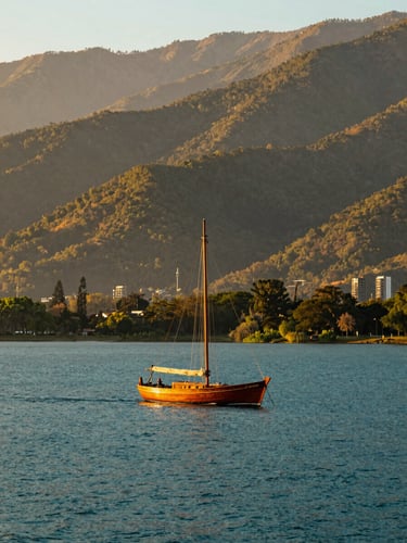 Wide-angle portrait of a classic wooden sailboat gliding on the calm, deep teal water of Valle de Bravo lake at dawn, soft misty mountains in the background, warm golden-hour light