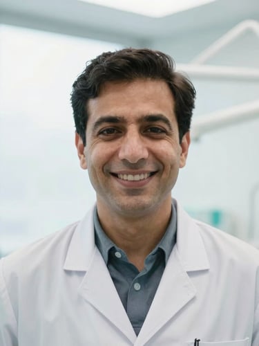 Professional medium close-up portrait of Dr. Vahid Ali Joya in a clean clinical coat, smiling warmly in a bright, modern dental office with soft clinical depth of field.
