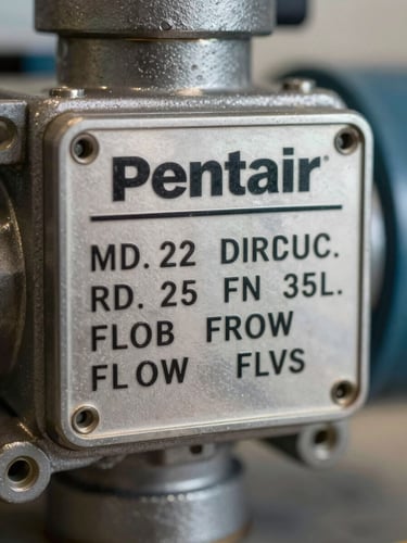 Tight close-up of a Pentair Fairbanks pump nameplate showing model number, pressure rating, and flow specification, daylight-neutral studio lighting, sharp focus on stamped metal data plate