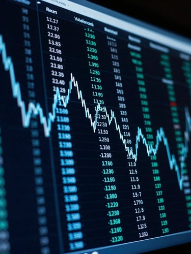 Macro shot of high-resolution financial data screens displaying real-time mathematical calculations, glowing electric blue and teal lines, dark low-key lighting, 35mm photography