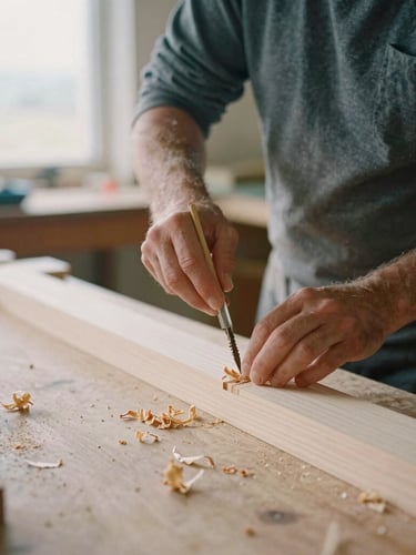 Medium format film photograph of a craftsman carefully carving a timber joint on-site, soft natural workshop light, wood shavings on a heavy workbench, shallow depth of field