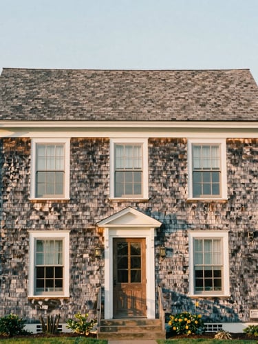 Straight-on architectural elevation of a restored historic Guilford home, soft coastal morning daylight, weathered cedar shingles, medium format film