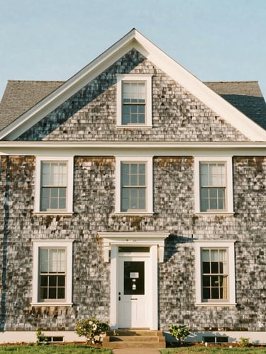 Straight-on architectural elevation of a restored historic home in Guilford, soft coastal daylight, weathered cedar shingles, medium format film.