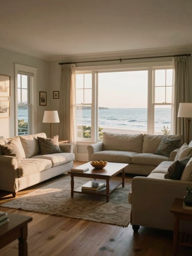 A beautifully finished coastal living room flooded with natural light, wide-plank oak floors, looking out to Long Island Sound, soft golden hour daylight