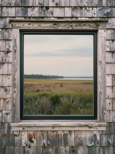 Close-up of a weathered cedar shingle wall framing a large, minimalist black-framed window reflecting the Guilford salt marshes under a soft overcast sky