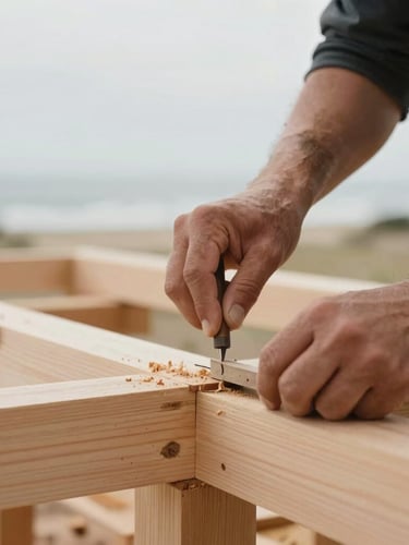 Close-up of a craftsman's hands carving timber joinery on-site in Guilford, soft overcast daylight, wood shavings visible, warm tones