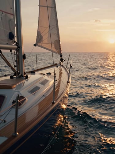 Cinematic 35mm photograph of a sailboat bow slicing through calm golden hour ocean water, warm light reflecting off polished wood, shallow depth of field.