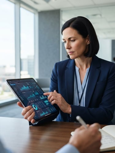 Medium close-up of a professional medical administrator analyzing secure dashboard data on a tablet in a bright slate-toned office.