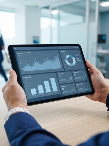 Close-up shot of a tablet displaying secure medical billing dashboard charts in a bright modern clinic, professional clean office lighting, cool blue and slate tones, sharp focus, 35mm lens.
