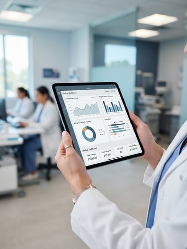 Close-up of a modern tablet displaying a secure medical billing dashboard with clean data charts, bright clinic office background, cool slate tones, sharp focus, 35mm lens.