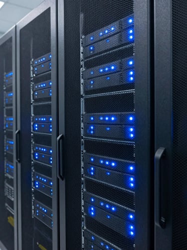 Detail close-up of high-tech secure server racks with glowing blue indicators in a pristine, climate-controlled data center.