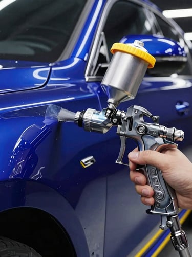Dramatic close-up of a high-tech spray paint gun applying flawless deep metallic blue paint to a luxury car body under linear LED lights, sharp reflections, 35mm