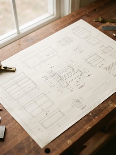 Overhead view of detailed CAD woodworking blueprints on a warm walnut workbench, soft natural window light, 35mm photography