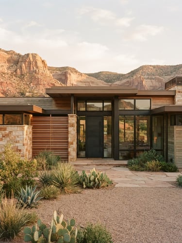 Warm editorial photography of a modern desert home facade in Cedar City Utah, golden-hour natural light, clean architectural lines, rich desaturated tones, 35mm