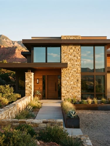 Crisp architectural exterior of a modern residential building in Cedar City, Utah, warm golden hour sun hitting the clean stone facade, straight-on architectural lines, 35mm