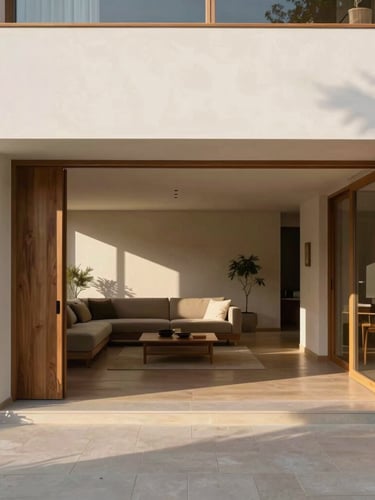 Bright natural daylight interior of a modern living space, clean architectural lines, warm wood accents, rich desaturated tones, 35mm