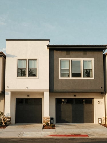 Crisp architectural exterior of a contemporary residential community in Cedar City, straight-on clean architectural lines, bright natural daylight, rich desaturated tones, 35mm