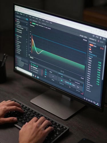 Close-up overhead of a performance marketing dashboard on a large monitor, real CTR and conversion funnel data visible on screen, cool studio strobe lighting, dark desk surface, hands resting on keyboard at frame edge