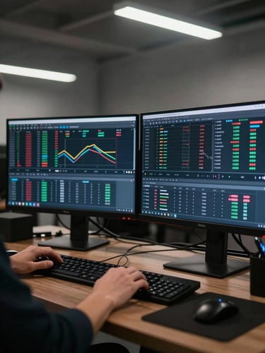 Wide angle of a performance marketer's dual-monitor setup in a dim office, real-time RTB dashboard filling both screens with bid stream data and conversion funnel charts, cool fluorescent overhead light, hands resting on keyboard, no faces visible