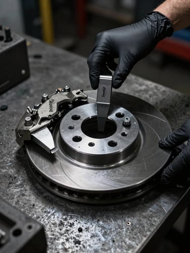 Moody high-contrast workshop spotlighting on a clean caliper measuring a brake rotor on a dark metal workbench, black nitrile gloves, sharp macro lens detail.