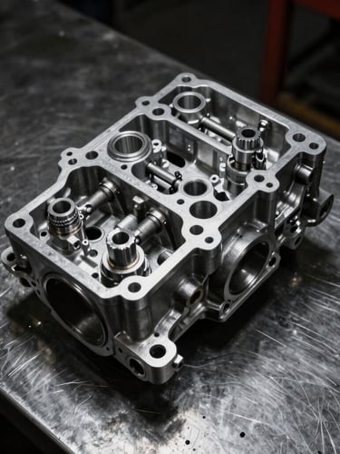 Overhead flat-lay of a completely rebuilt and precision-cleaned aluminum transmission valve body resting on a dark steel workshop bench, dramatic side-lit spotlighting highlighting metallic textures and clean surfaces.