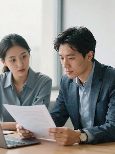 A collaborative professional consultation in a bright, modern office with soft natural window daylight. Two colleagues review a strategic document together, showing focused and engaged expressions. Muted corporate blue tones, shallow depth of field, 35mm photography.