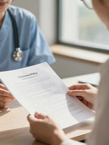 Close-up of two healthcare policy consultants reviewing a printed document in a bright, sunlit office, warm daylight, shallow depth of field, 35mm