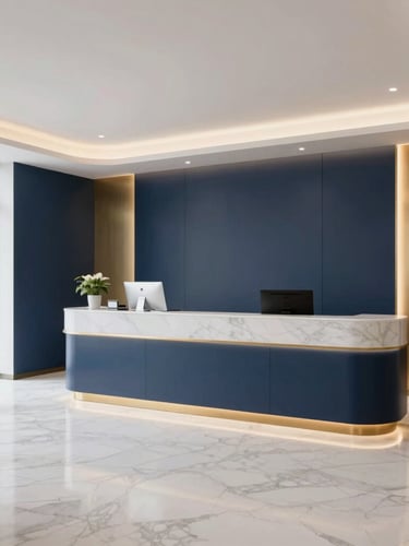 Modern and luxurious family clinic reception lounge, clean marble floors, deep navy walls with soft gold accents, warm ambient lighting, wide angle portrait