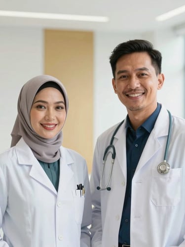 Professional portrait of a Malay male doctor and female doctor in clean white coats, smiling warmly, bright natural daylight, modern clinical setting with gold accents, 35mm