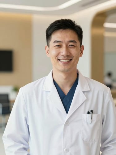 Professional portrait of a friendly medical doctor in a clean white coat, smiling warmly, bright natural daylight, modern clinical setting with soft gold accents, 35mm