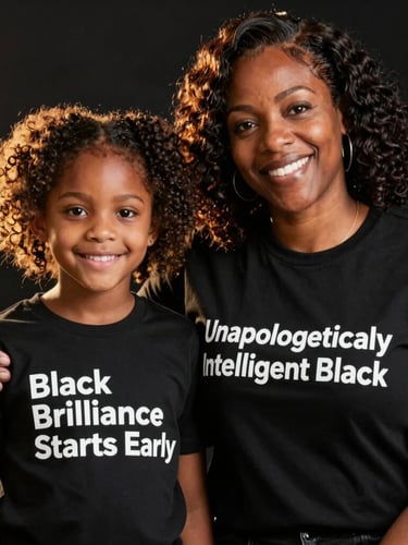 Warm candid family portrait of a Black mother and her young daughter, both wearing minimal black tees with crisp white text, shallow depth of field, soft gold backlighting.