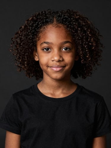 Editorial portrait of a young Black girl wearing a minimalist white statement tee, confident expression, high-contrast studio lighting, warm gold undertones, deep black background, sharp focus