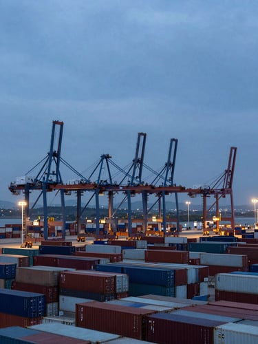 Environmental wide-angle shot of a major container port terminal at dusk, cranes silhouetted against a steel-blue overcast sky, shipping containers stacked in ordered rows extending to the horizon, cool diffused light, no people visible, industrial scale and precision in the foreground