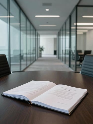 Environmental wide shot of a glass-walled conference room interior, shot from the corridor — a leather-bound transaction closing binder open on the table under cool diffused studio light, two executive chairs visible at frame edges, no people, sharp architectural lines, deep charcoal and white tones