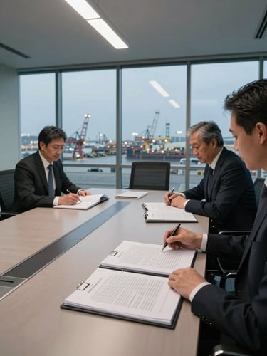 Wide environmental shot inside a glass-walled boardroom, two executives in dark suits seated at a long conference table reviewing a thick transaction closing binder, overhead fluorescent-cool light casting clean shadows across contract pages, a second open binder and a legal pad visible mid-frame, background reveals a port terminal at dusk through floor-to-ceiling windows