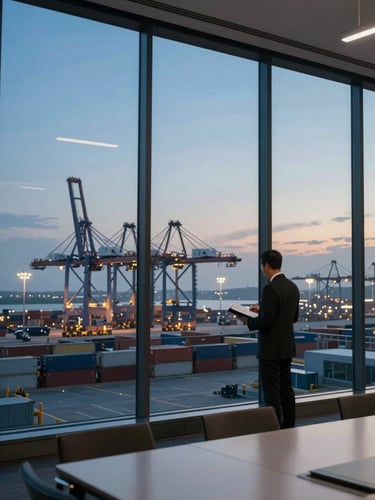 Wide-angle view from a glass-walled conference room overlooking a major port terminal at dusk, container cranes silhouetted against a cool steel-blue sky, a single executive standing at the window reviewing a transaction binder, soft interior ambient light reflecting on the glass