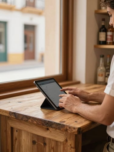 Warm editorial photography, close-up of a Spanish store owner in Villena using a tablet on a rustic wooden counter, warm window light, 35mm